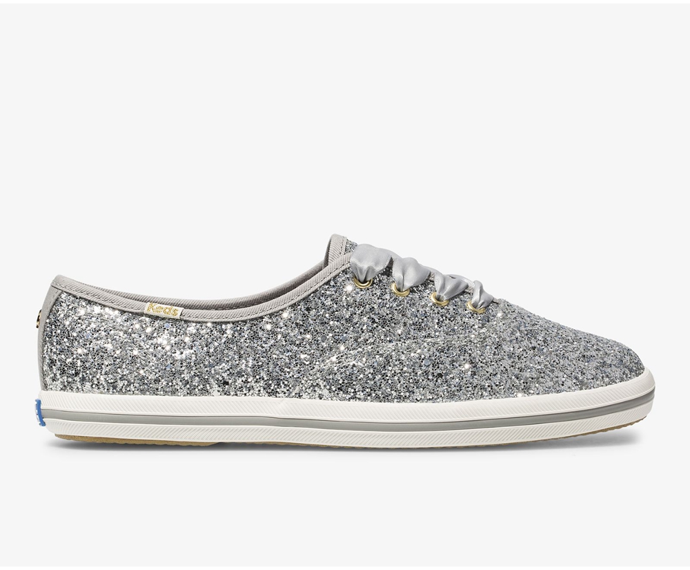 Womens Keds Sneakers - Kate Spade new york Champion Glitter - Silver - 8306-CYVTF